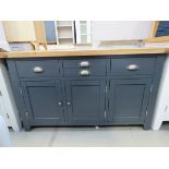 Blue painted sideboard with oak top 3 drawers and 3 cupboards under (2)