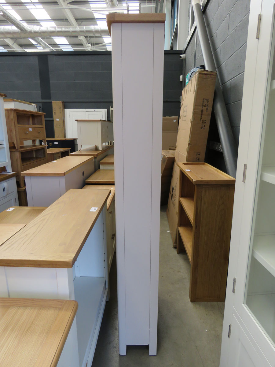 Grey painted narrow tall open front bookcase with oak top (155) Small chip on top right W: 60cm H: - Image 3 of 4