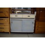 A cream and pale blue utility cabinet, w. 106 cm Poor condition