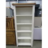 White painted oak top open front bookcase (110) Crack to left hand side ( top ) otherwise good