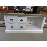 Large white painted and stained top TV audio unit with shelf and 3 single drawers