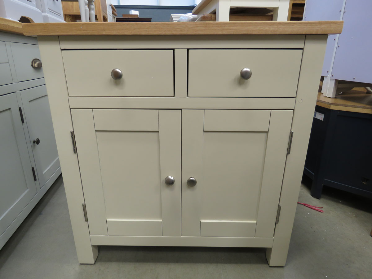 Cream painted oak top small sideboard with 2 drawers and double door cupboard (96)