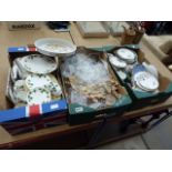 3 boxes containing a quantity of Tuscan china, jasperware, brassware, ornamental figures, tumblers