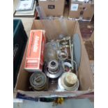Box containing oil lamps, reservoirs, shades and blue and white crockery