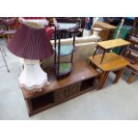 Teak finished nest of 3 tables, a side table, a 3 tier corner whatnot stand, 2 table lamps and an