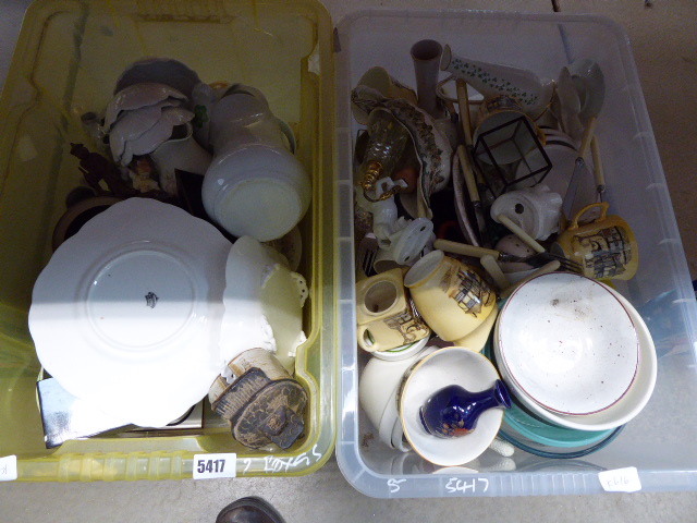 2 boxes containing general crockery and china plus ornamental figures, loose cutlery and an atomiser