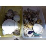 2 boxes containing general crockery and china plus ornamental figures, loose cutlery and an atomiser