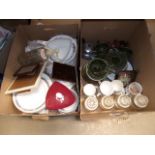 2 boxes containing a soda siphon, quantity of china and glass storage bottles
