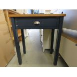 Blue painted side table with oak top and single drawer (151)