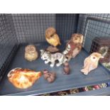 Cage containing ornamental owls plus a Goebel figure of a kitten