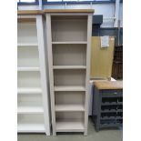 Grey painted oak top narrow open front bookcase (135) Good condition, W: 60cm H: 181cm D: 25cm