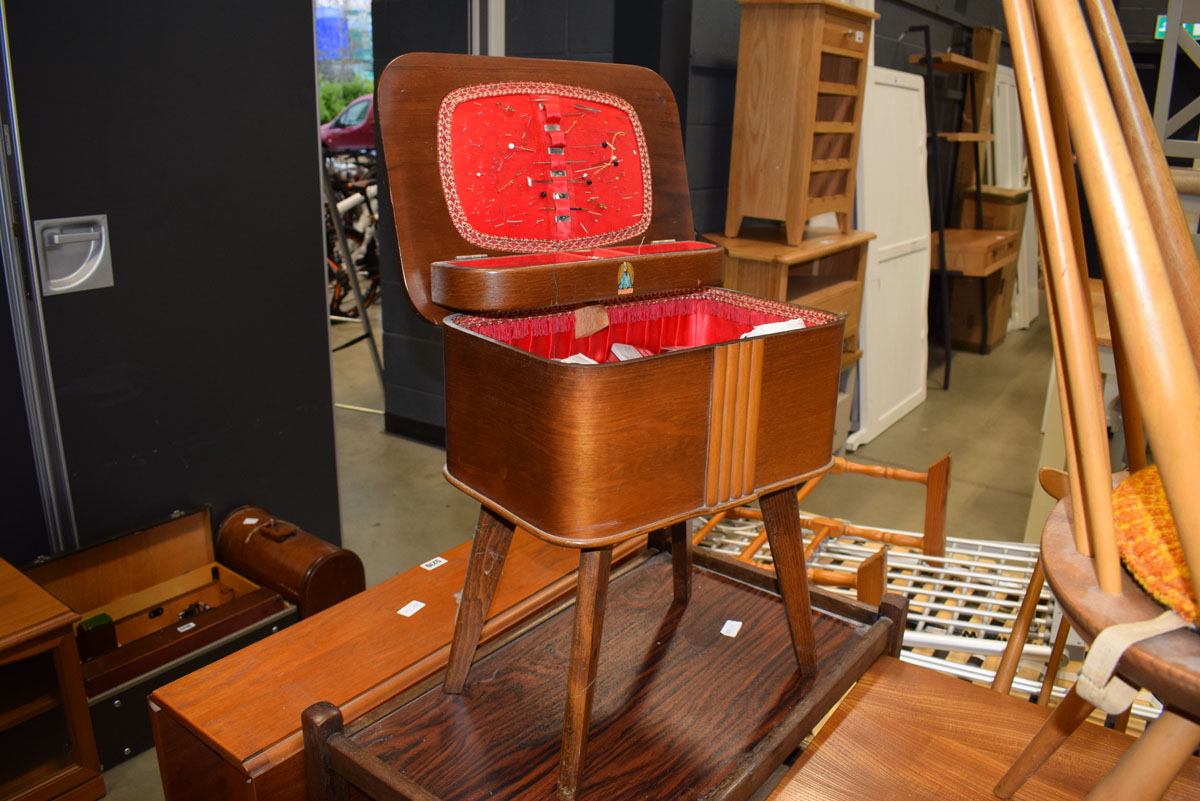 A 1970's tea drop leaf dining table, an oak three tier tea trolley and a mid 20th century sewing - Image 2 of 2