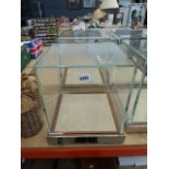 Pair of cube shaped glazed display cabinets (no keys, one locked af)