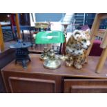 2 modern Bankers lamps, a Chinese inspired metal censor plus a figure of a leopard and a brass and