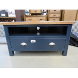 Blue painted oak top corner TV audio unit with shelf and large single drawer (108)