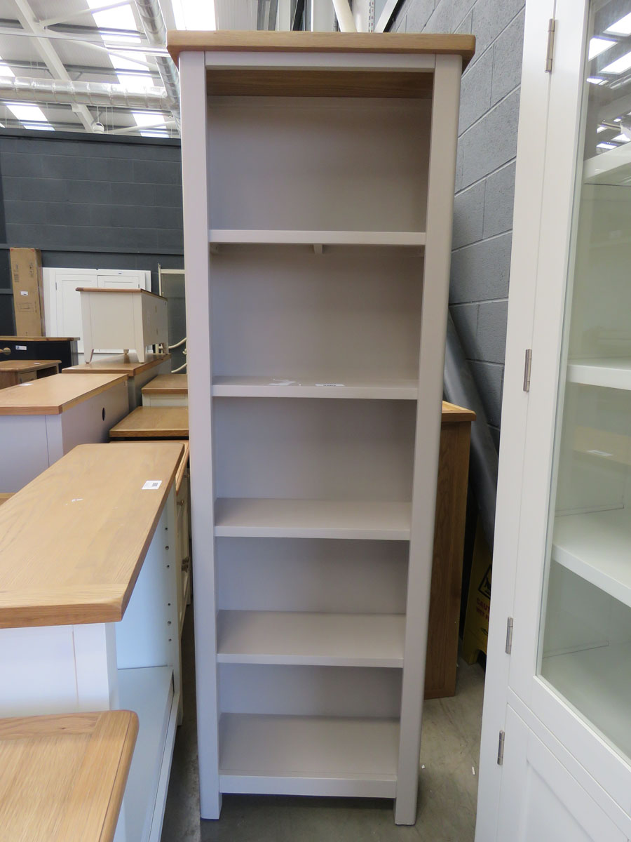 Grey painted narrow tall open front bookcase with oak top (155) Small chip on top right W: 60cm H: