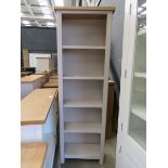 Grey painted narrow tall open front bookcase with oak top (155) Small chip on top right W: 60cm H: