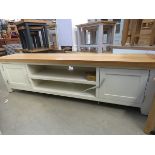 Large cream painted oak top TV audio unit with 2 shelves and 2 single door cupboards