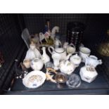 Cage containing a Staffordshire flatback figure, Doulton lady, paperweights, Aynsley dishes and