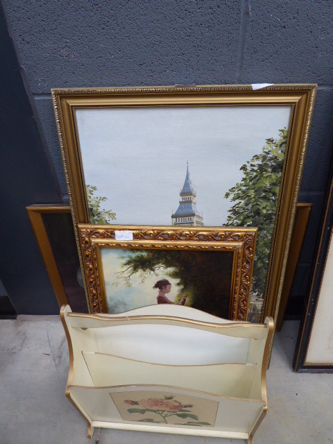 Painted magazine rack plus a qty of paintings to inc. lady with spaniel, Big Ben (St Stephens Tower)