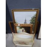 Painted magazine rack plus a qty of paintings to inc. lady with spaniel, Big Ben (St Stephens Tower)