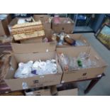 4 boxes containing glassware, picnic basket, Royal Albert lavender rose patterned crockery, loose