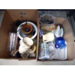 2 boxes containing pressed glass, Royal Worcester crockery, flower pots and general glassware