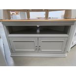 Grey painted oak top large corner TV audio unit with shelf and cupboard below (104)