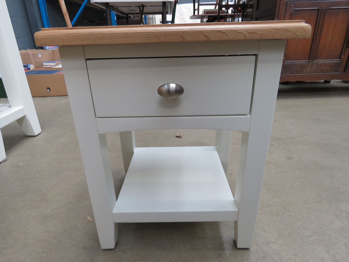 Small white painted oak top lamp table with single drawer and shelf (9)