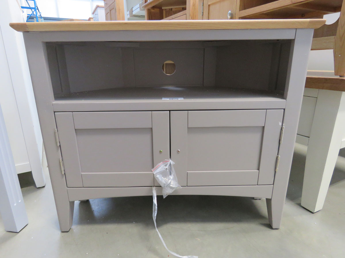 Grey painted oak top corner TV audio unit with shelf and large single drawer (168)