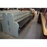 A pale green and brown painted pew, approx. l. 232 cm Typical minor wear