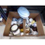 2 boxes containing a roasting pan, Indian tree and other crockery, trinket boxes and glassware