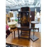 Upholstered footstool, 3 side tables, a stick stand and a modern dumbwaiter