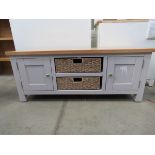 Grey painted low cabinet with oak top 2 shelves 2 baskets and 2 single door cupboards (52) Width: