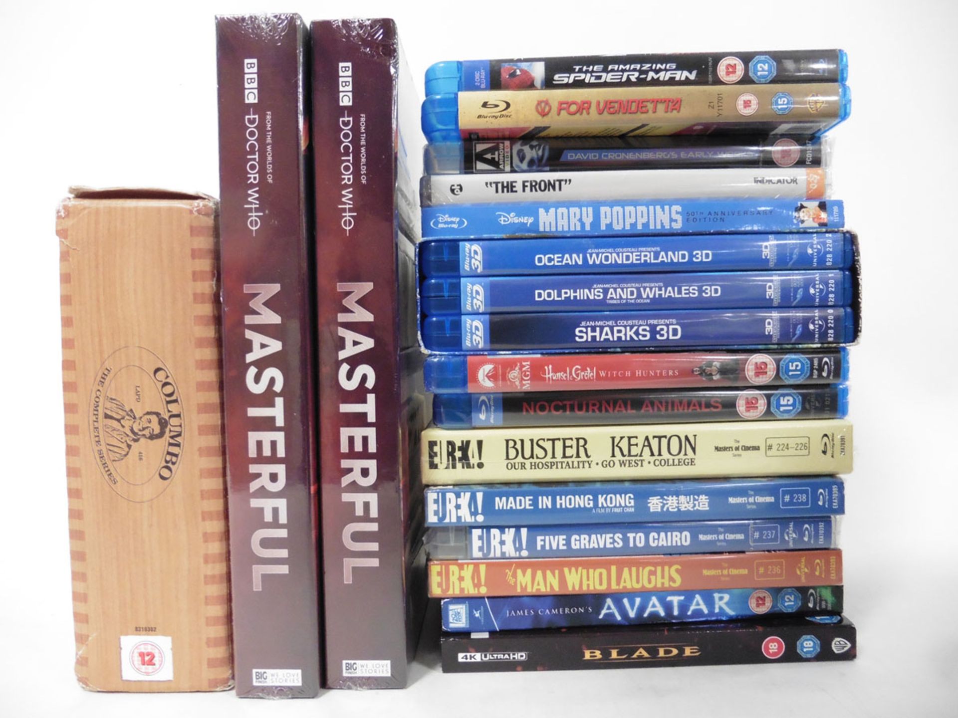 Quantity of Films inc 13 various on BluRay, DVD Box Sets Columbo & Dr Who etc