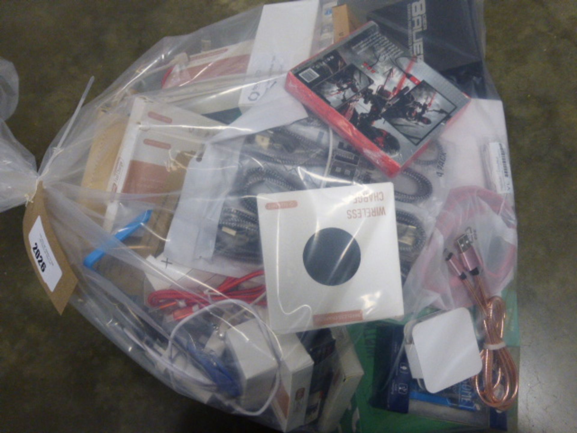 Bag containing mobile phone accessories; powerbanks, chargers, selfie stick, adapters, leads etc