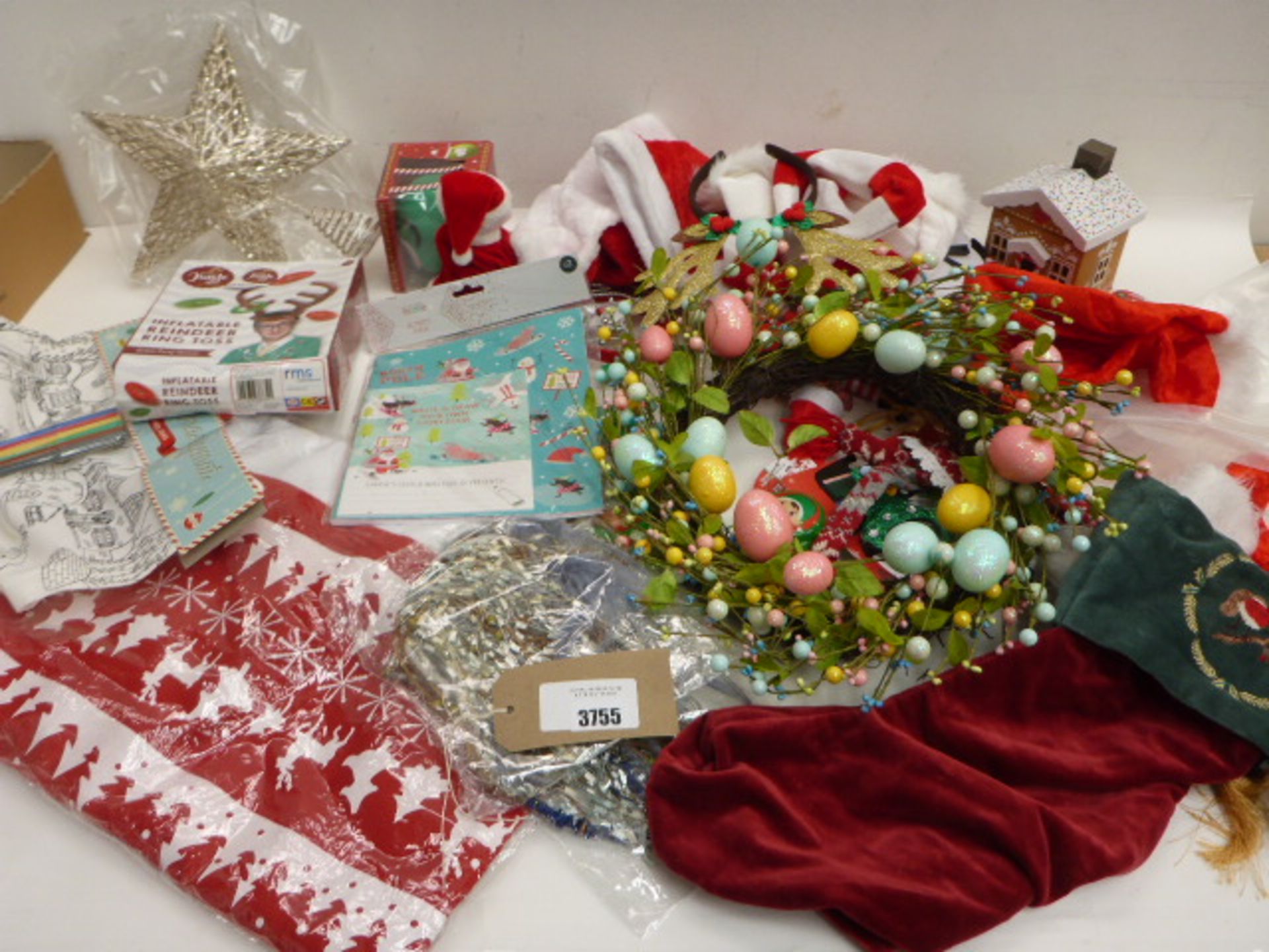 Christmas elves, stockings, hats, activity pack, wreath, Tree top star, games etc