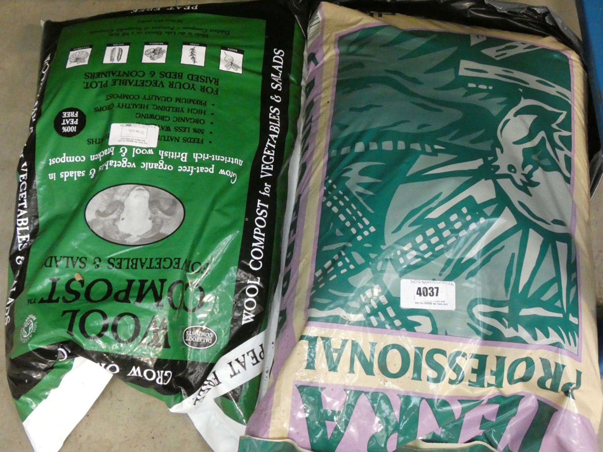 Bag of wool compost and bag of terror compost