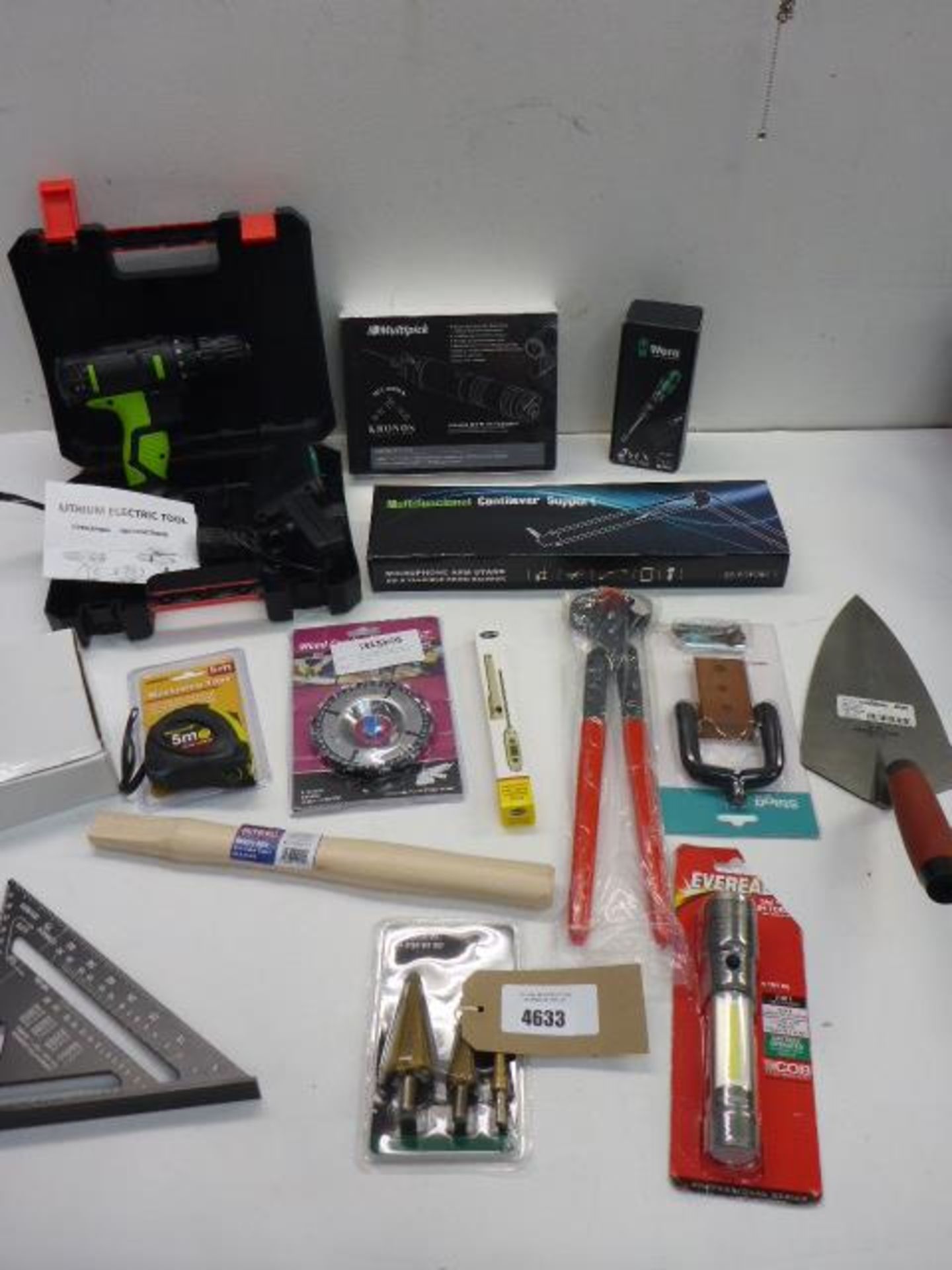 Electric drill & charger, Electric lock pick, Wera screwdriver set, Cantilever support, brick