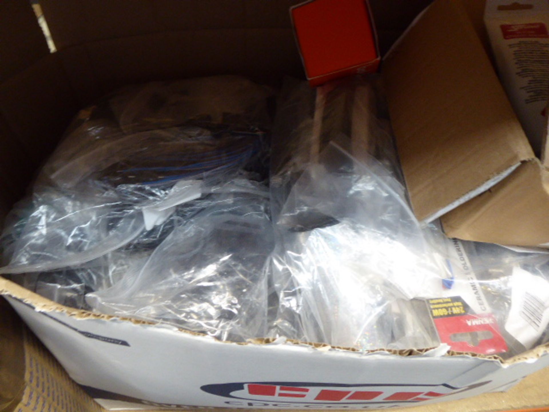 Box containing: cables, connectors, switch boxes and some silicon adhesive sealant