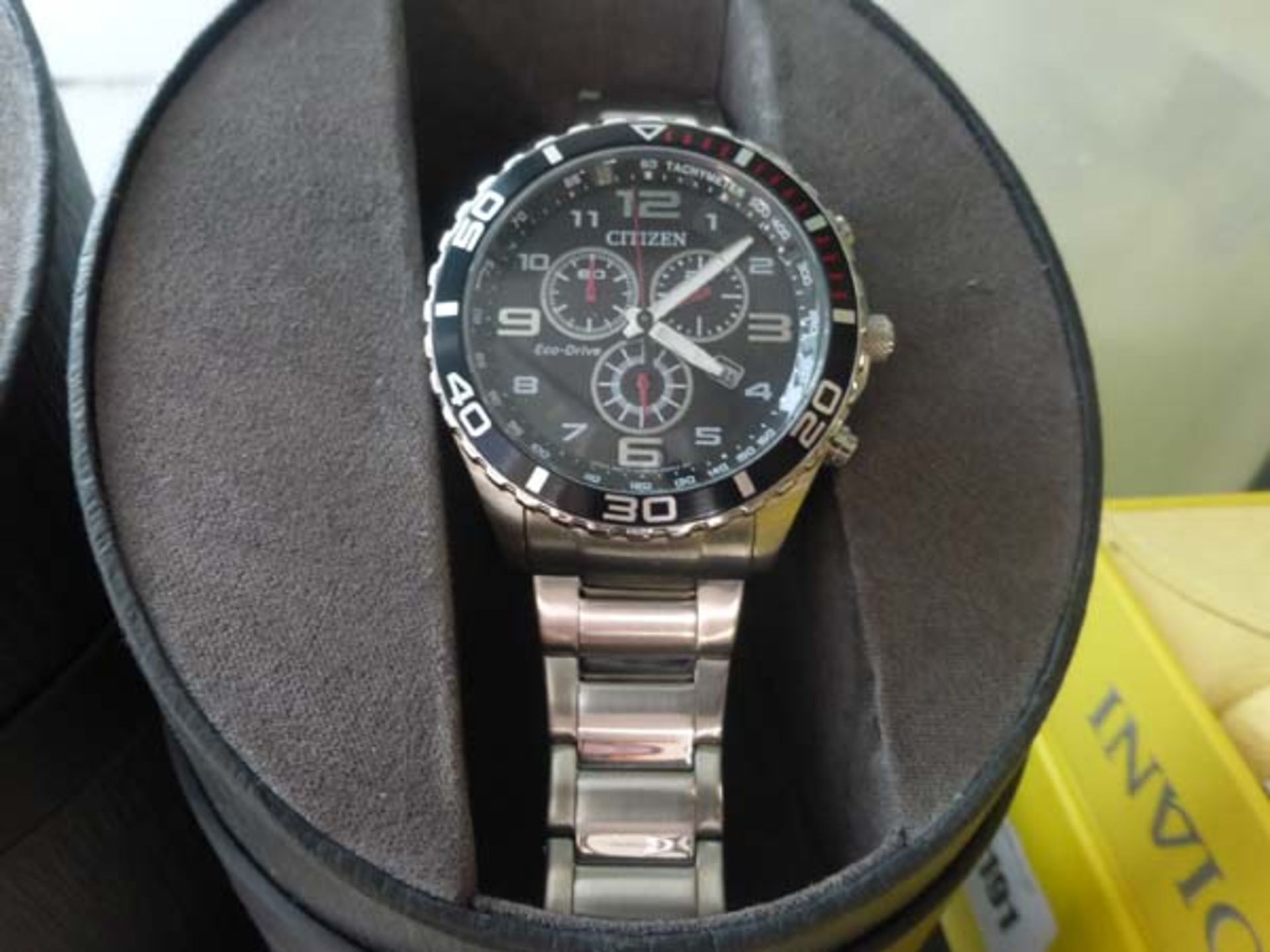 Citizen Eco Drive chronograph wristwatch with stainless steel strap and box