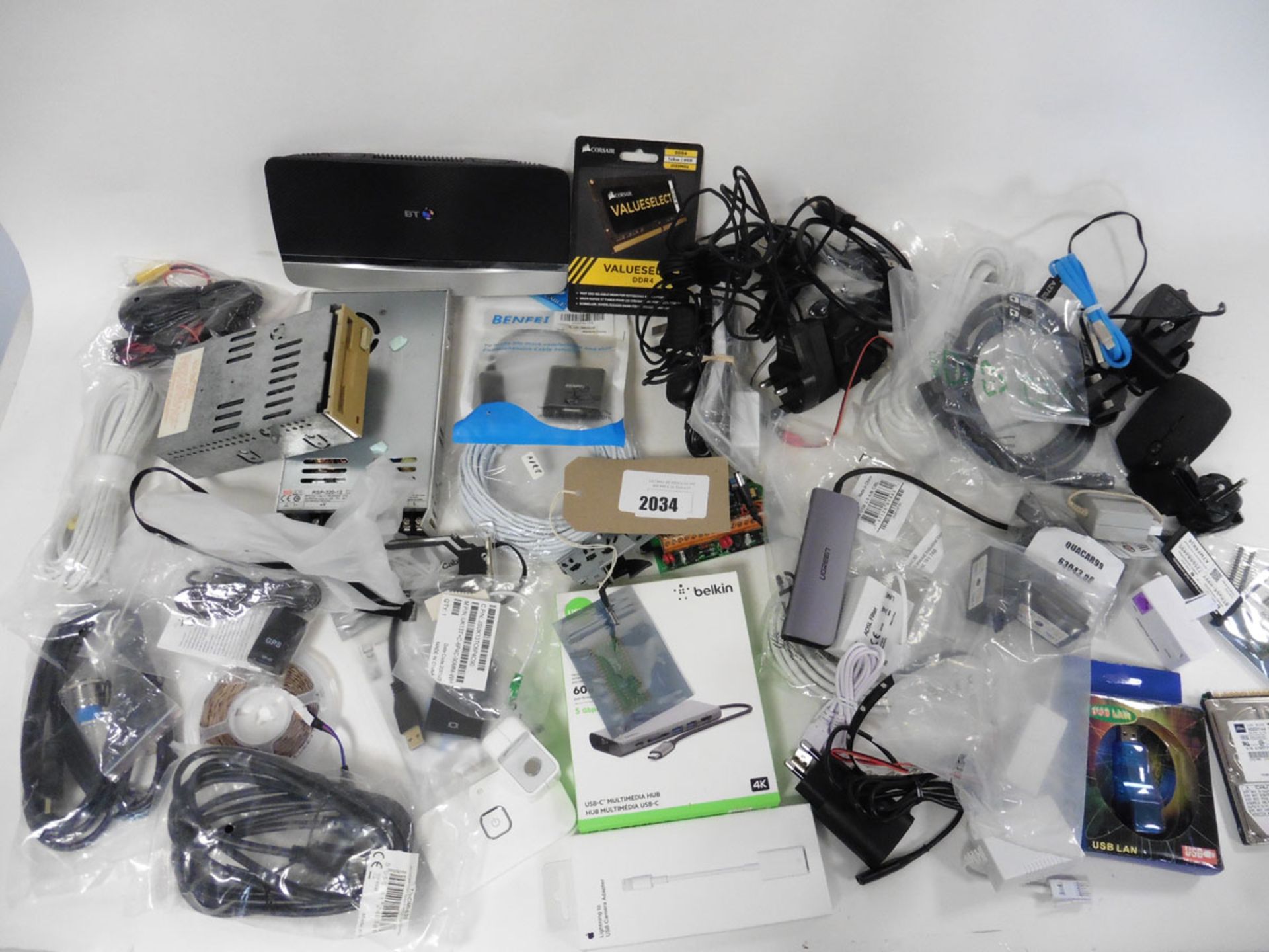 A bag of various adaptors, cables, psu's, components etc.