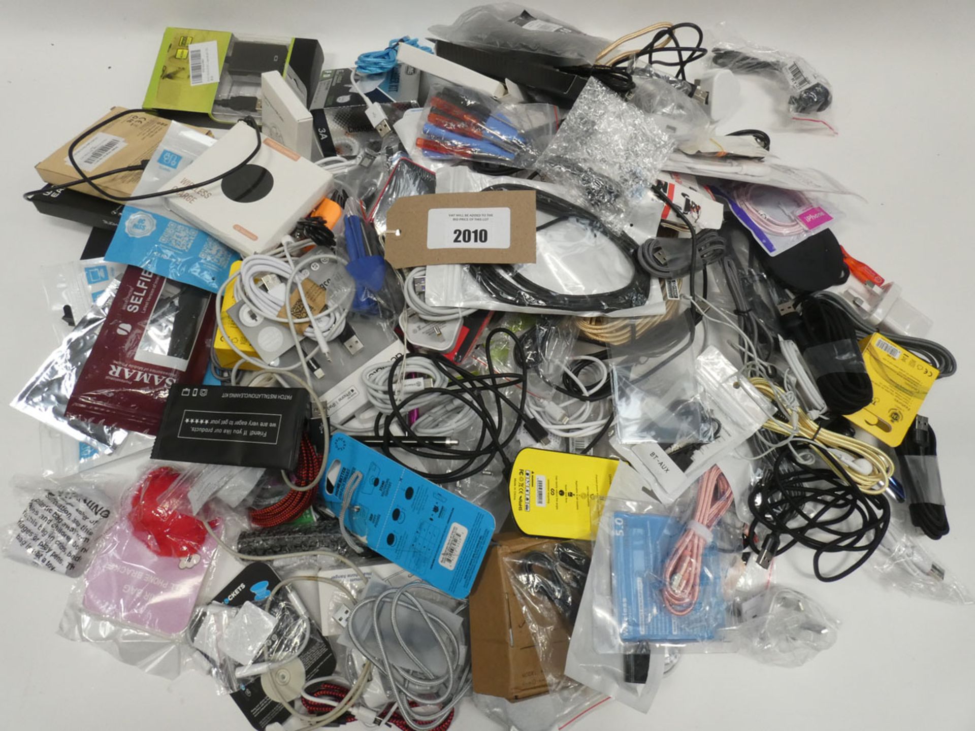 Bag containing quantity of mobile phone accessories; cables, leads, adapters, selfie stick, wireless