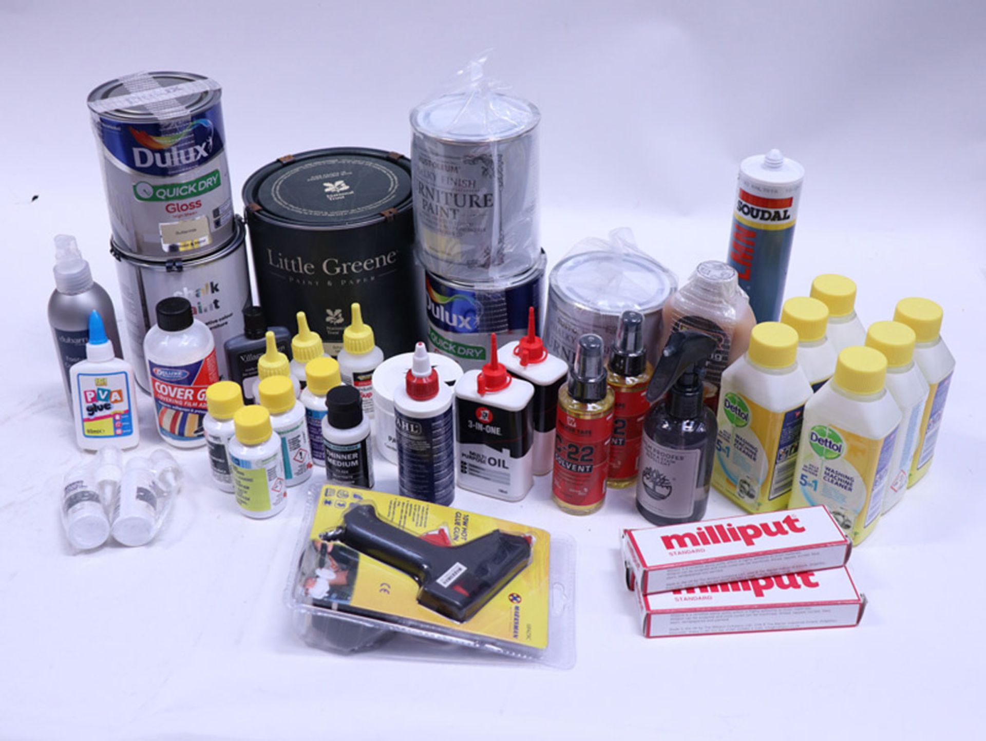 Various paints, solvents, adhesives and oils