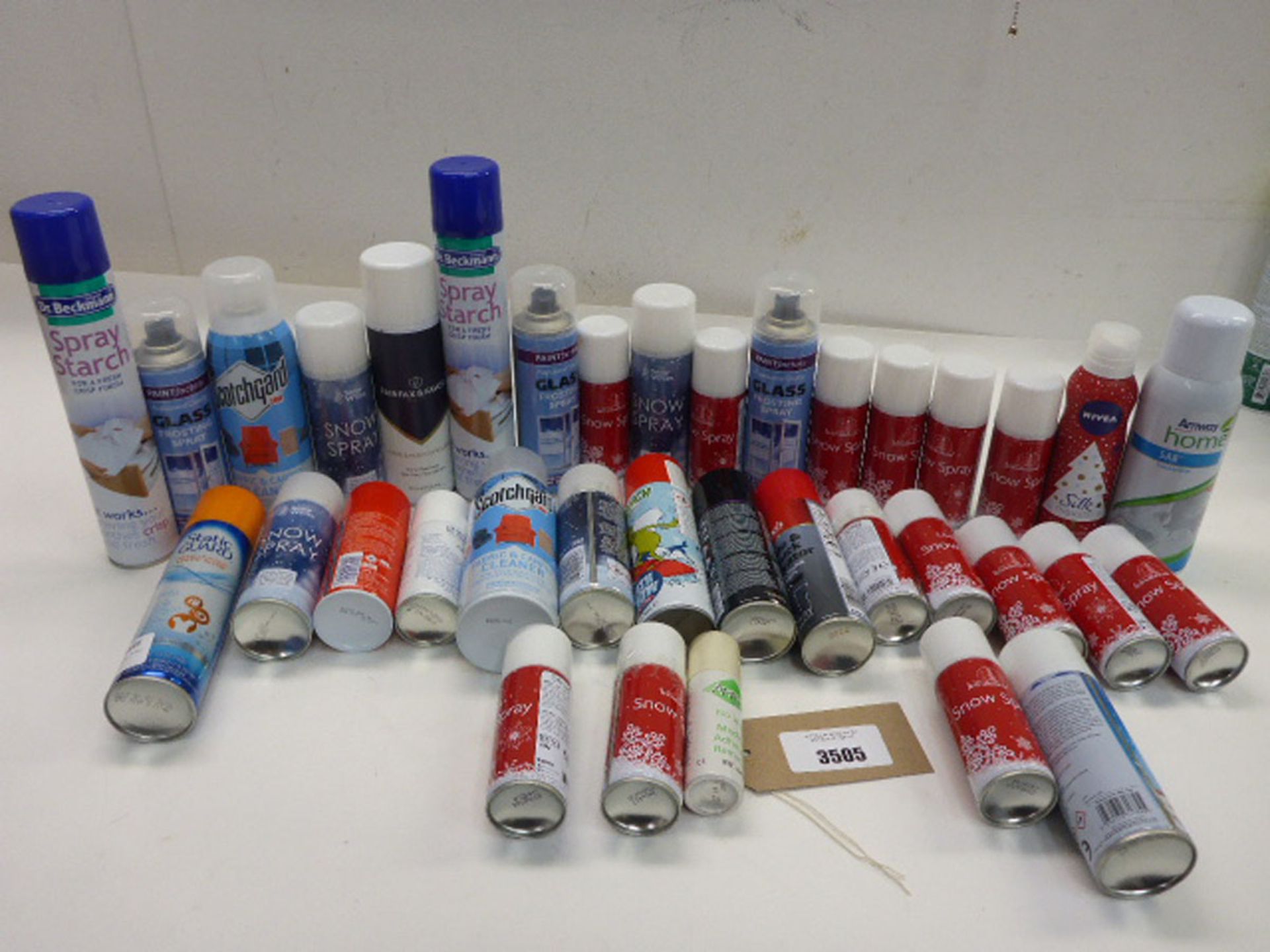 Snow sprays, glass frosting spray, Scotchgard, spray starch, prewash spray etc