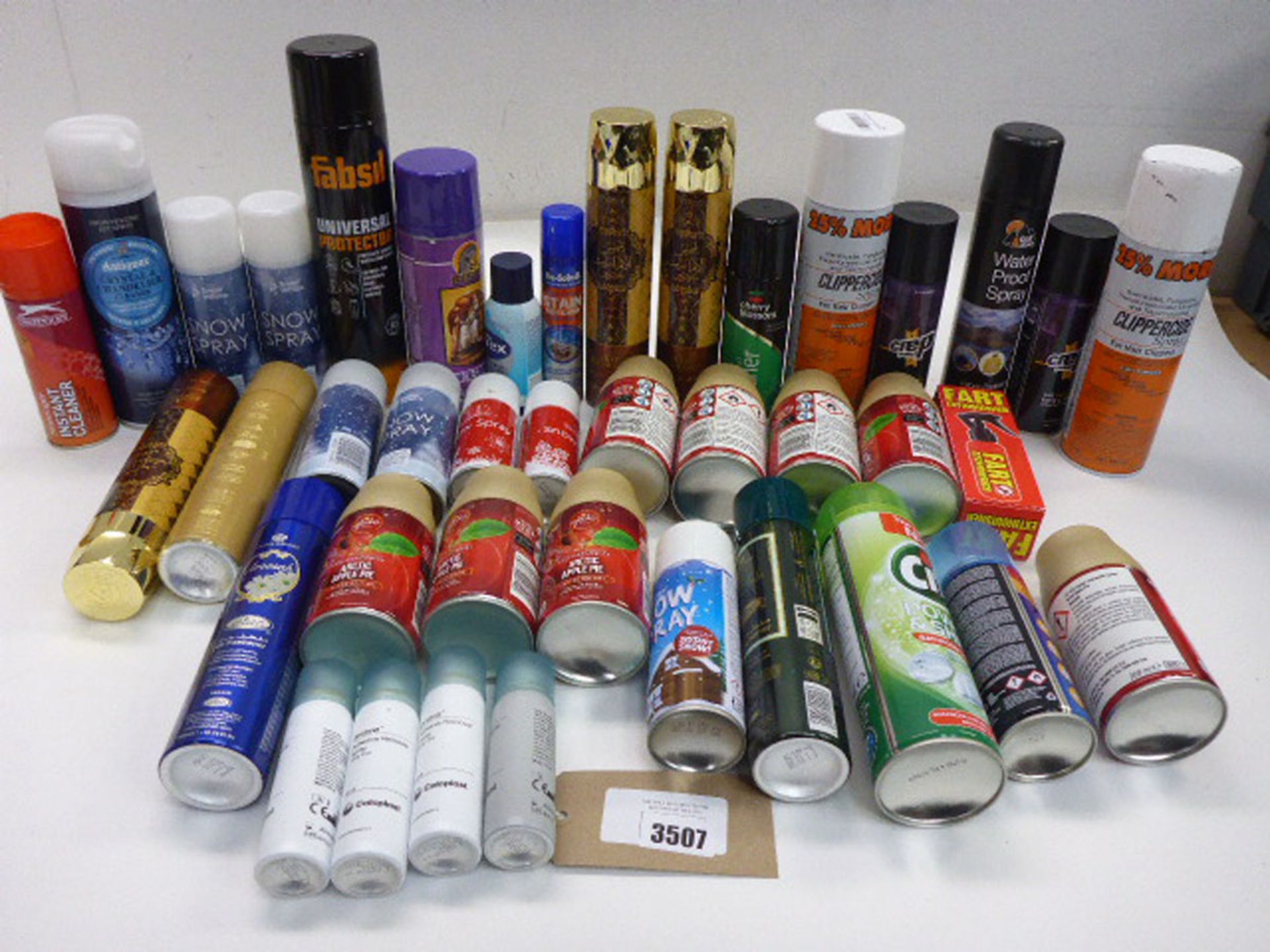 Snow sprays, air fresheners, Clippercide, water proof sprays, adhesive remover, crystal cleaner,