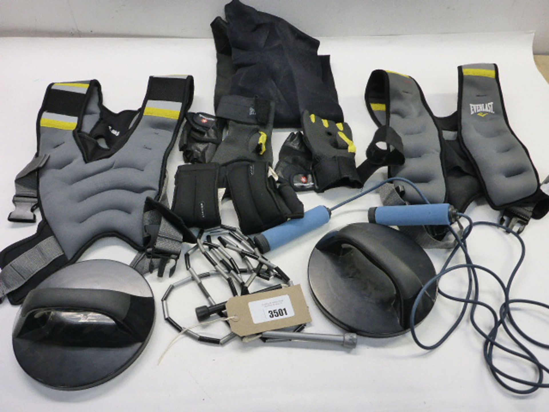 2 x 4.5kg weight vests, ankle weights, push up bars, skipping ropes and training gloves