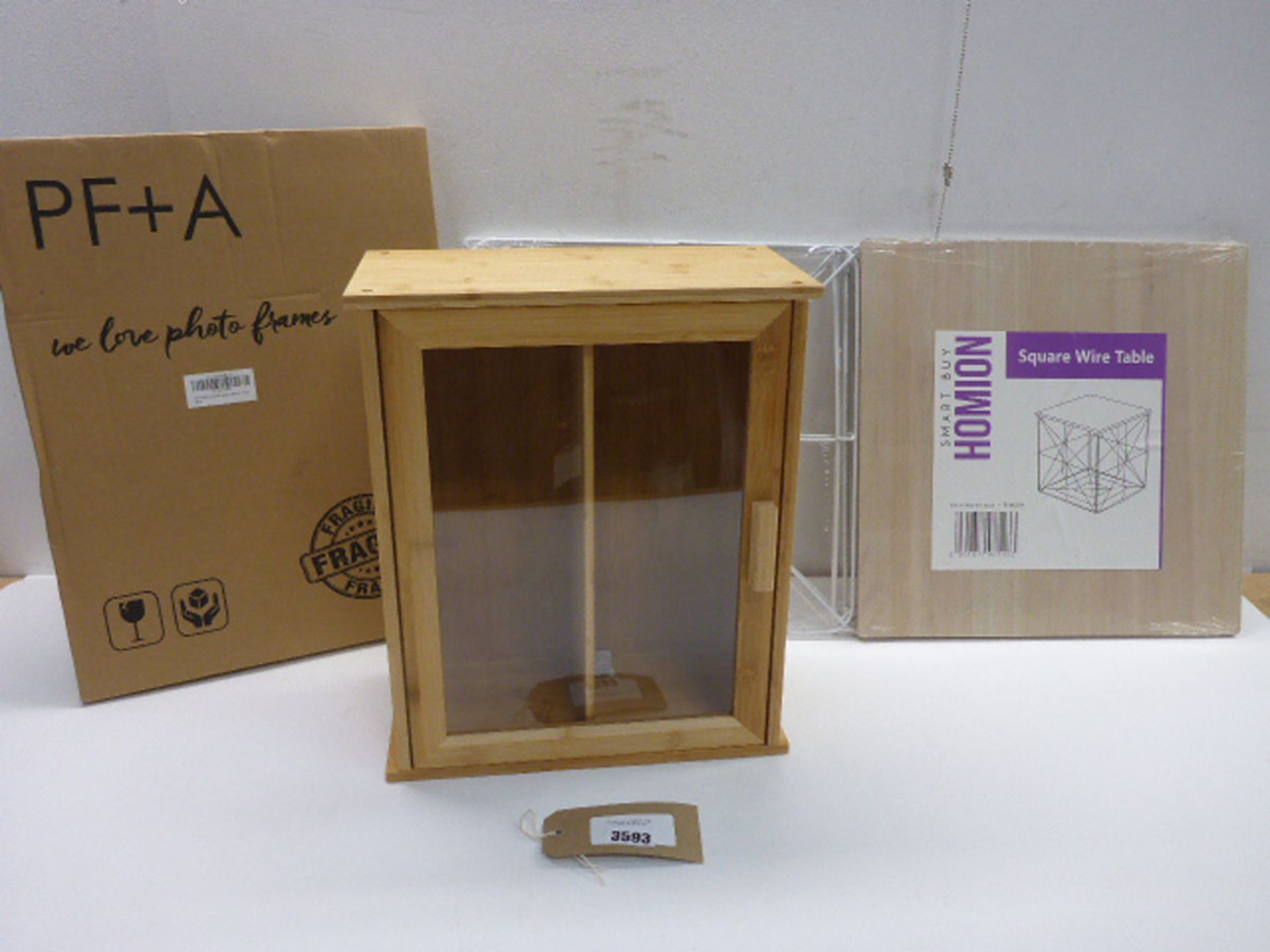 Square wire table in flat pack form, Small display case and photo frame