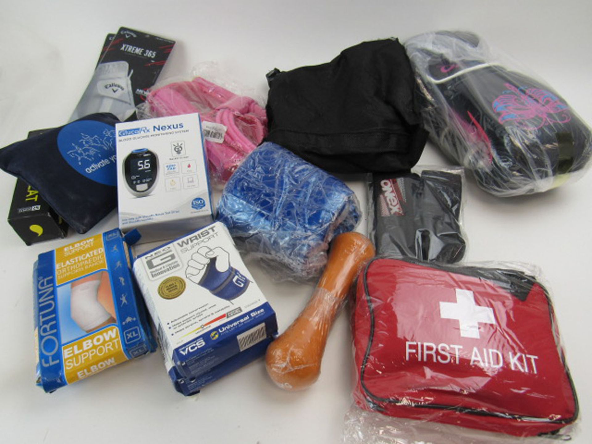 Exercise and sportswear to include First Aid kit, Gluco RX Nexus blood glucose monitoring system,