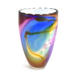 A Chris Comins studio glass vase with relief chevrons, layered abstract lines and a white interior,
